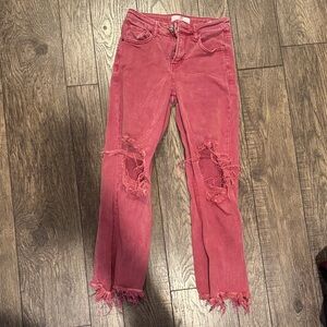 Trendy Distressed Red Jeans